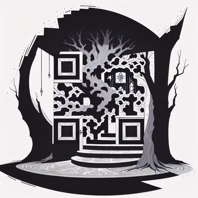 Узловатое дерево с дверью: рисунок тушью, QR-код — изображение 1