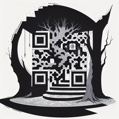 Gnarled Tree Doorway Ink Drawing QR Code Art