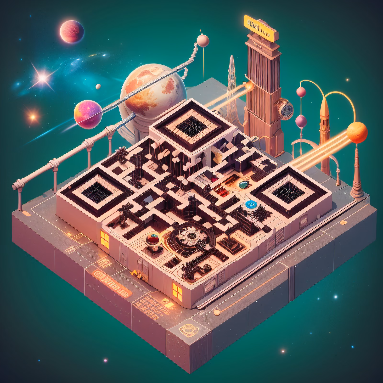 Изометрический стимпанк-город в космосе: QR-код на постере — изображение 1