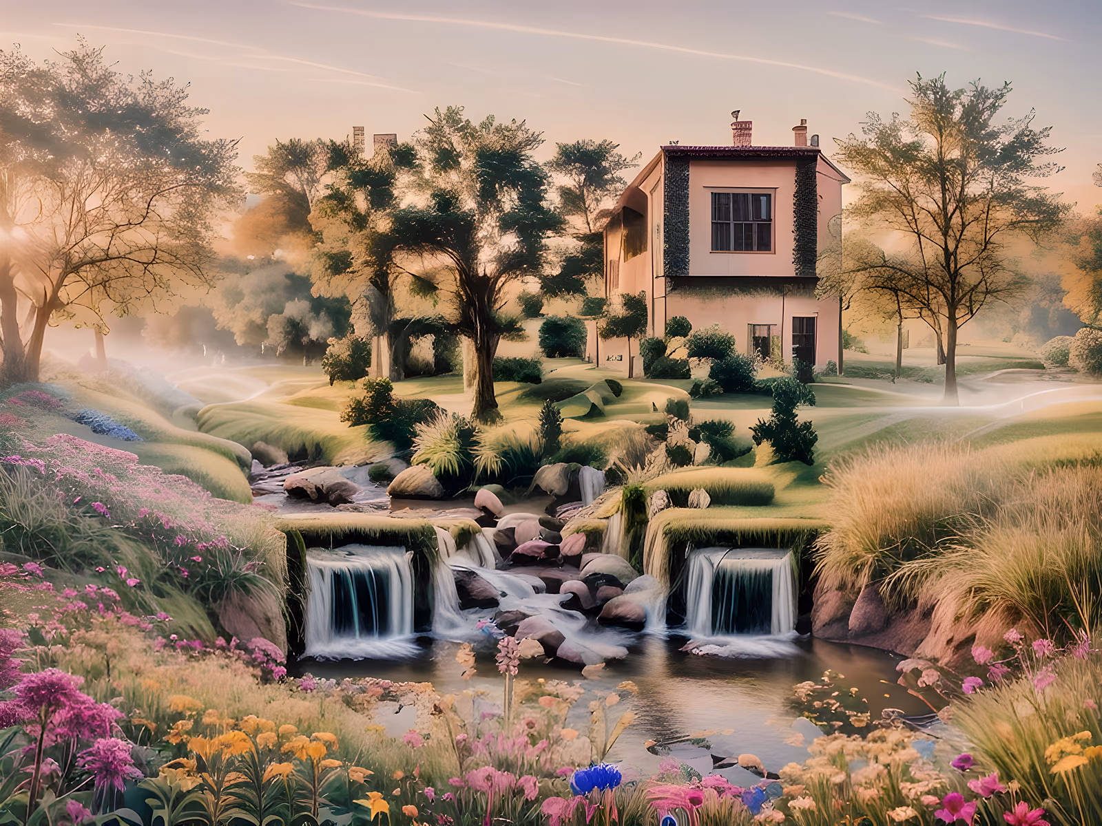 Villa Meadow Waterfall Landscape QR Code Art — image 1