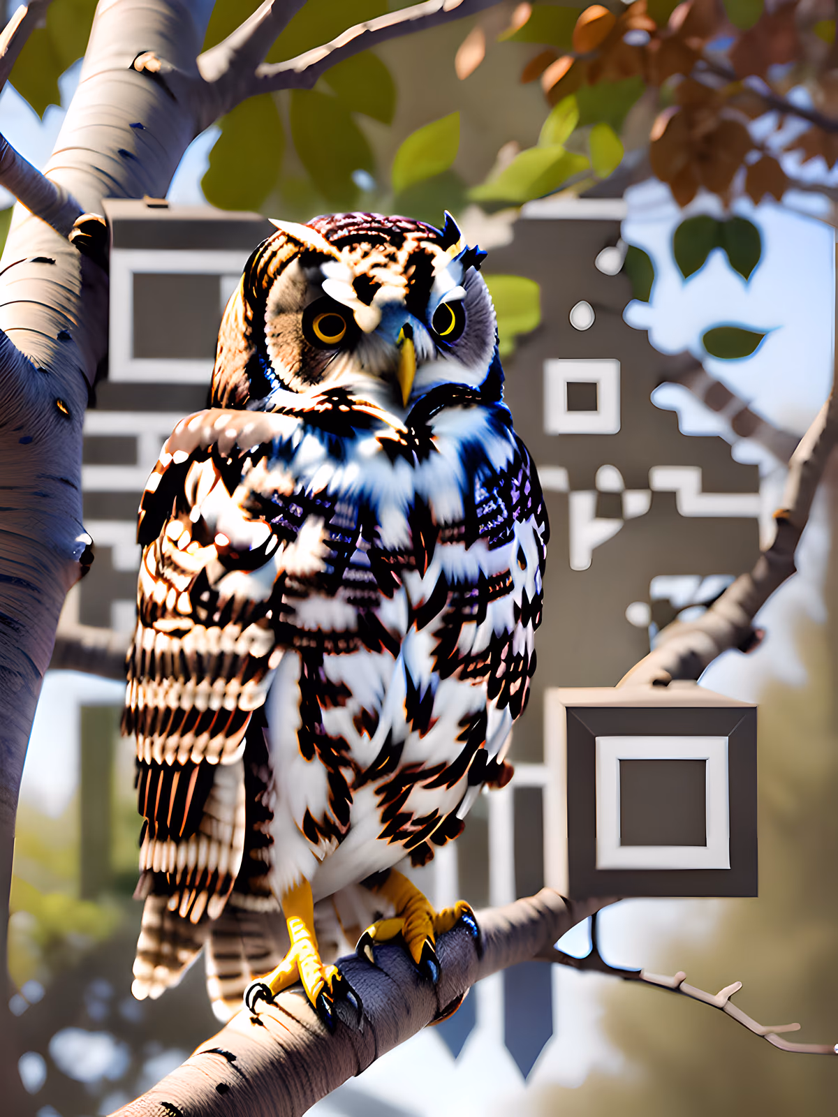 Perched Brown Owl Digital Painting QR Code Art — image 1