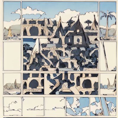 漫画分格村庄墨线二维码艺术海报设计