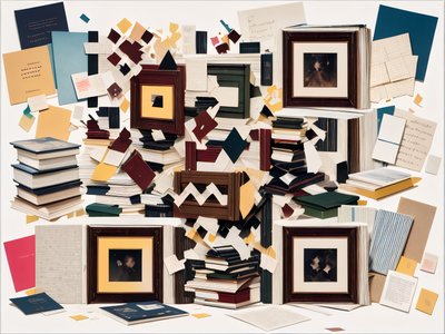 Коллаж из стопок книг и бумаги: QR-код для обложек книг
