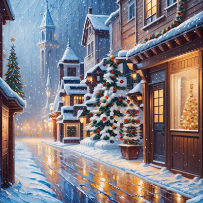 Snowy Christmas Village Street Painting Christmas Tree QR Code for Greeting Cards — image 1
