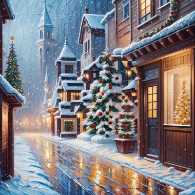 Snowy Christmas Village Street Painting Christmas Tree QR Code for Greeting Cards