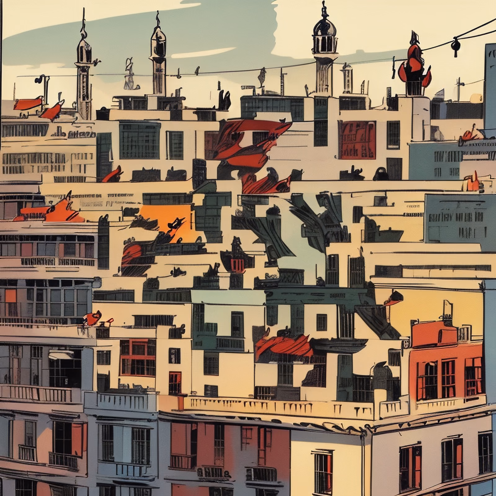 Comic Panel Cityscape Rooftops QR Code for Posters — image 1