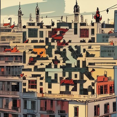 Comic Panel Cityscape Rooftops QR Code for Posters