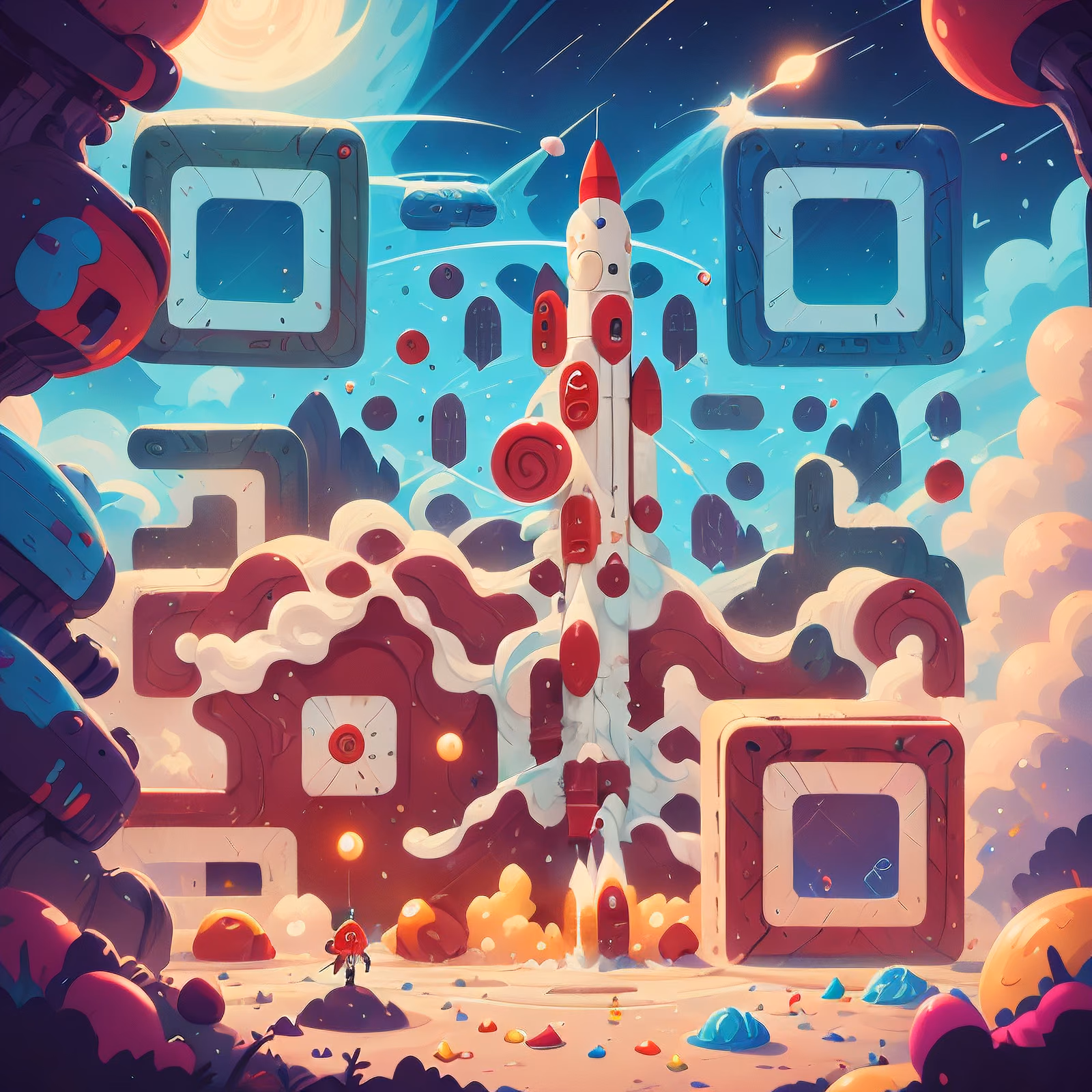 Candy Planet Rocket Cartoon QR Code for Posters — image 1