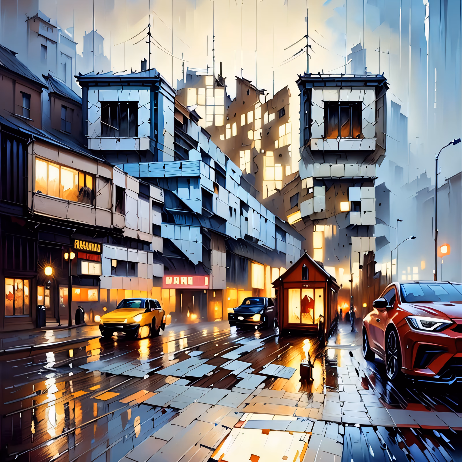 Rainy City Street Palette Knife QR Code Art — image 1