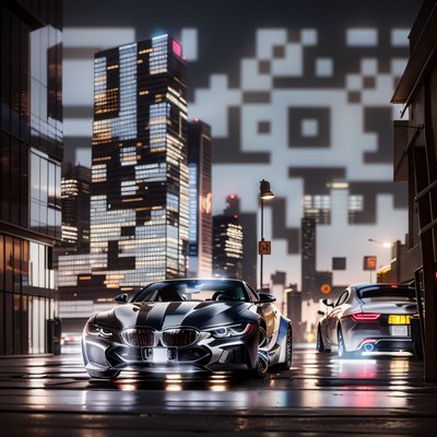 Futuristic Sports Car Night City QR Code Art