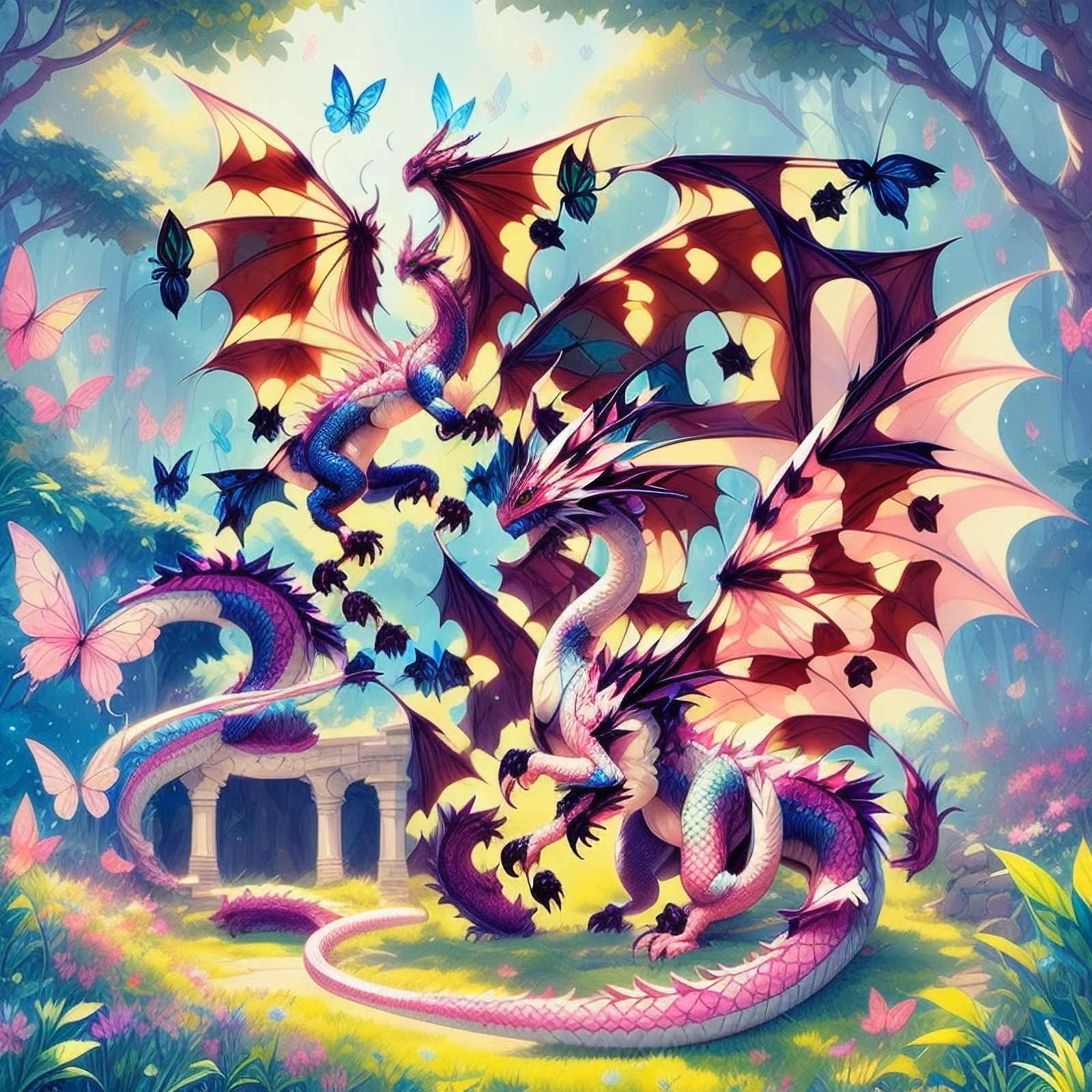 粉色巨龙与蝴蝶奇幻二维码艺术,适用于海报 — 图片 1