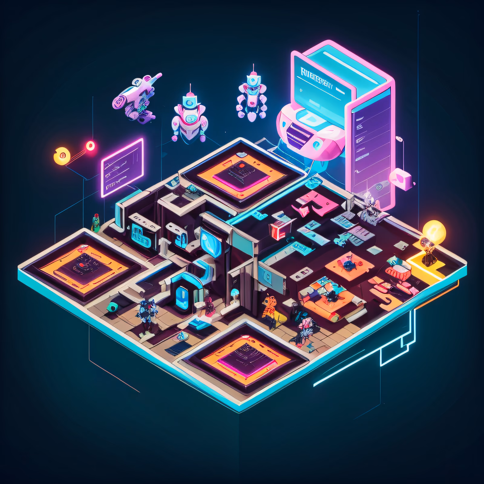 Isometric AI Lab Robots Neon QR Code for Posters — image 1