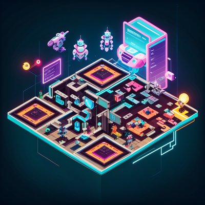 Isometric AI Lab Robots Neon QR Code for Posters