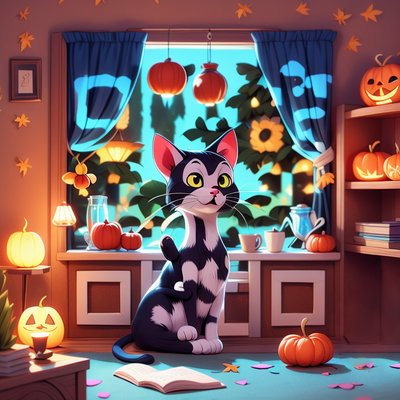 Black Cat Halloween Room Cartoon QR Code for Posters