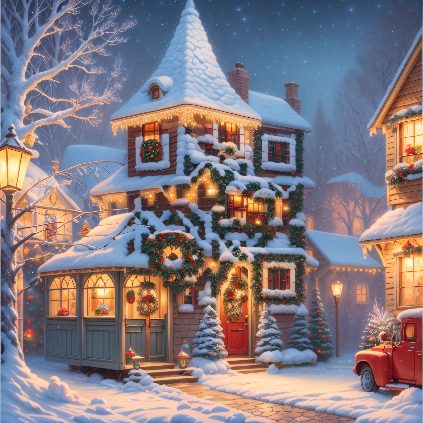 Snowy Christmas Village Painting Truck QR Code for Greeting Cards — image 1