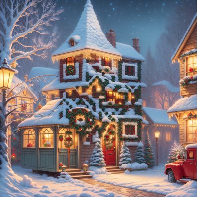 Snowy Christmas Village Painting Truck QR Code for Greeting Cards