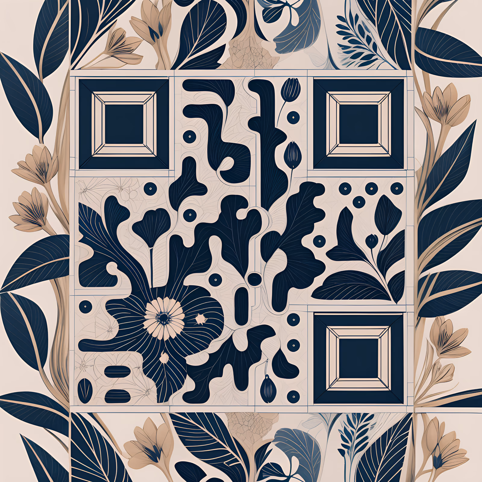 Тёмно-синий растительный узор плитки: QR-код арт — изображение 1