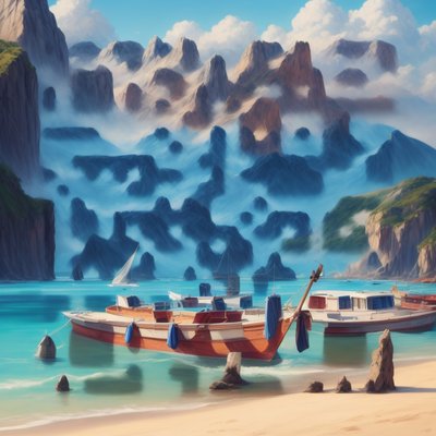 Seaside Boats Mountain Matte Painting QR Code Art