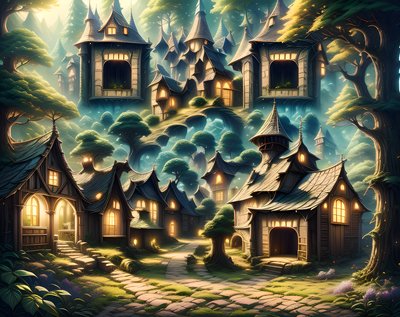 Fantasy Forest Village Matte Painting QR Code Art