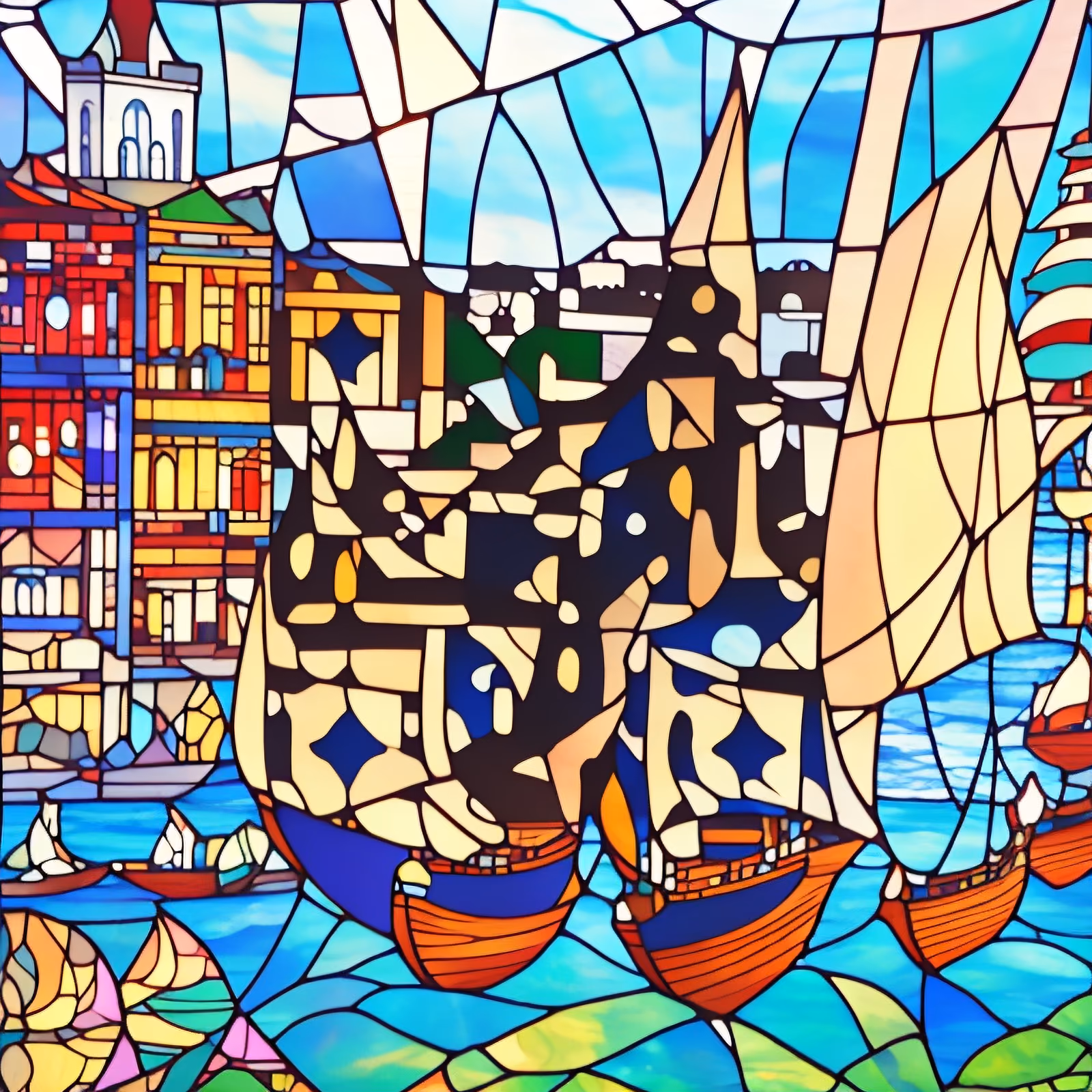 Harbor Ships Stained Glass QR Code Art — image 1