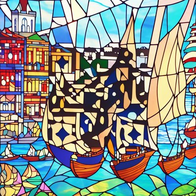 Harbor Ships Stained Glass QR Code Art