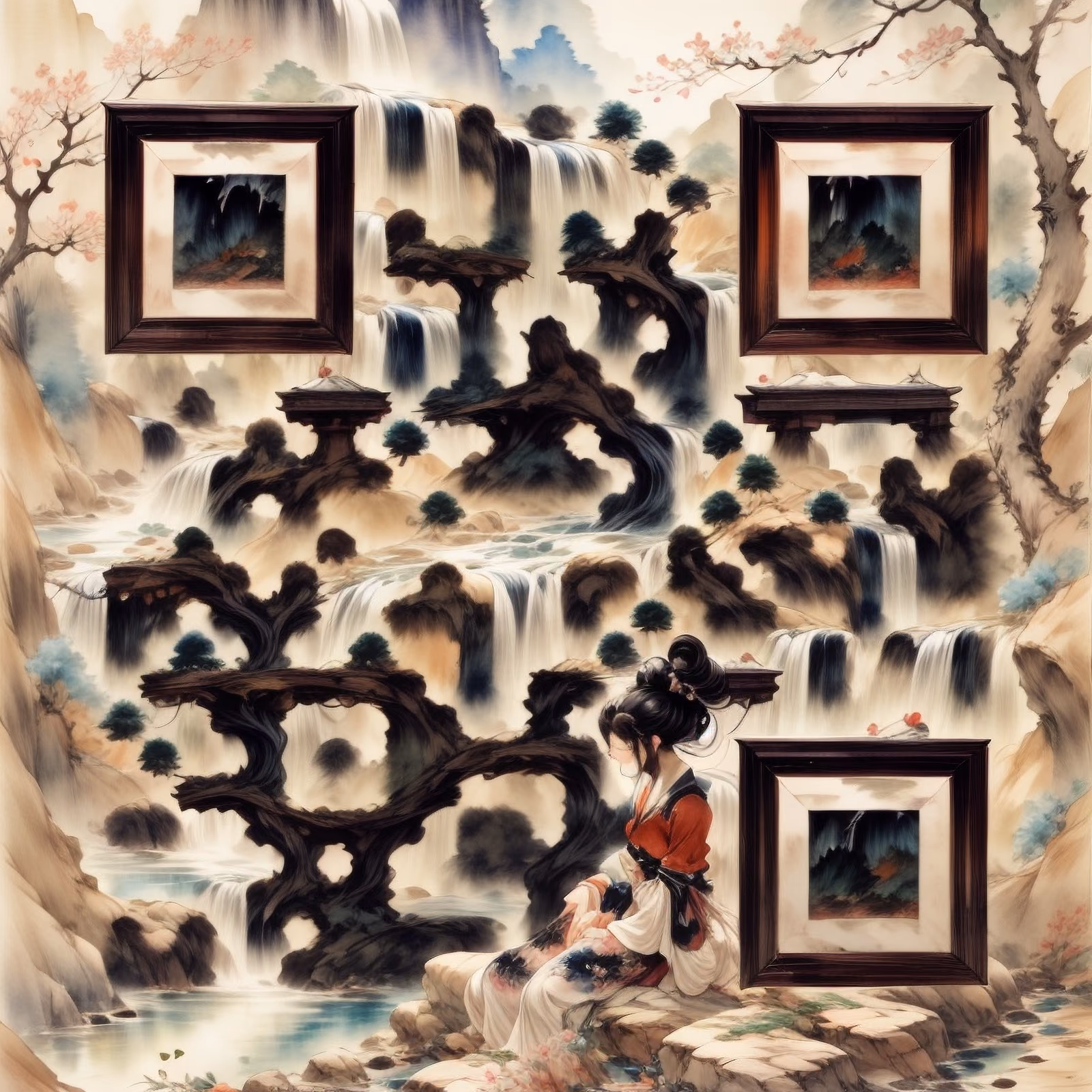 Woman by Waterfall Ink Watercolor QR Code Art — image 1