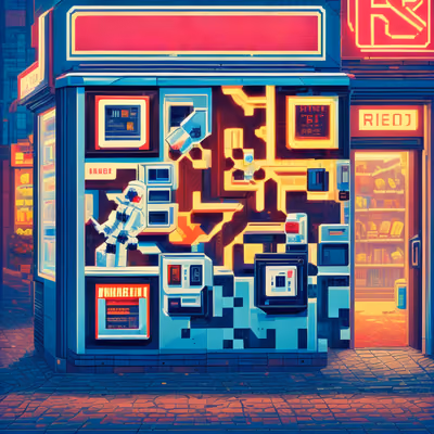 像素艺术机器人商店霓虹二维码设计，适用于海报 — 图片 1
