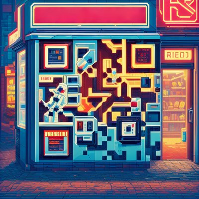 Пиксель-арт: магазин с роботом и неоном, QR-код для постеров