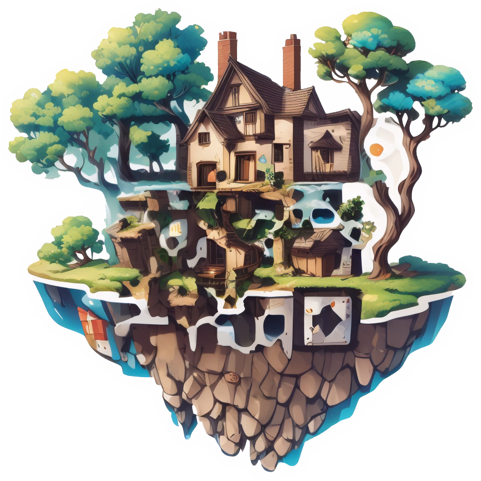 Floating Island Cottage Vector QR Code for Stickers — image 1