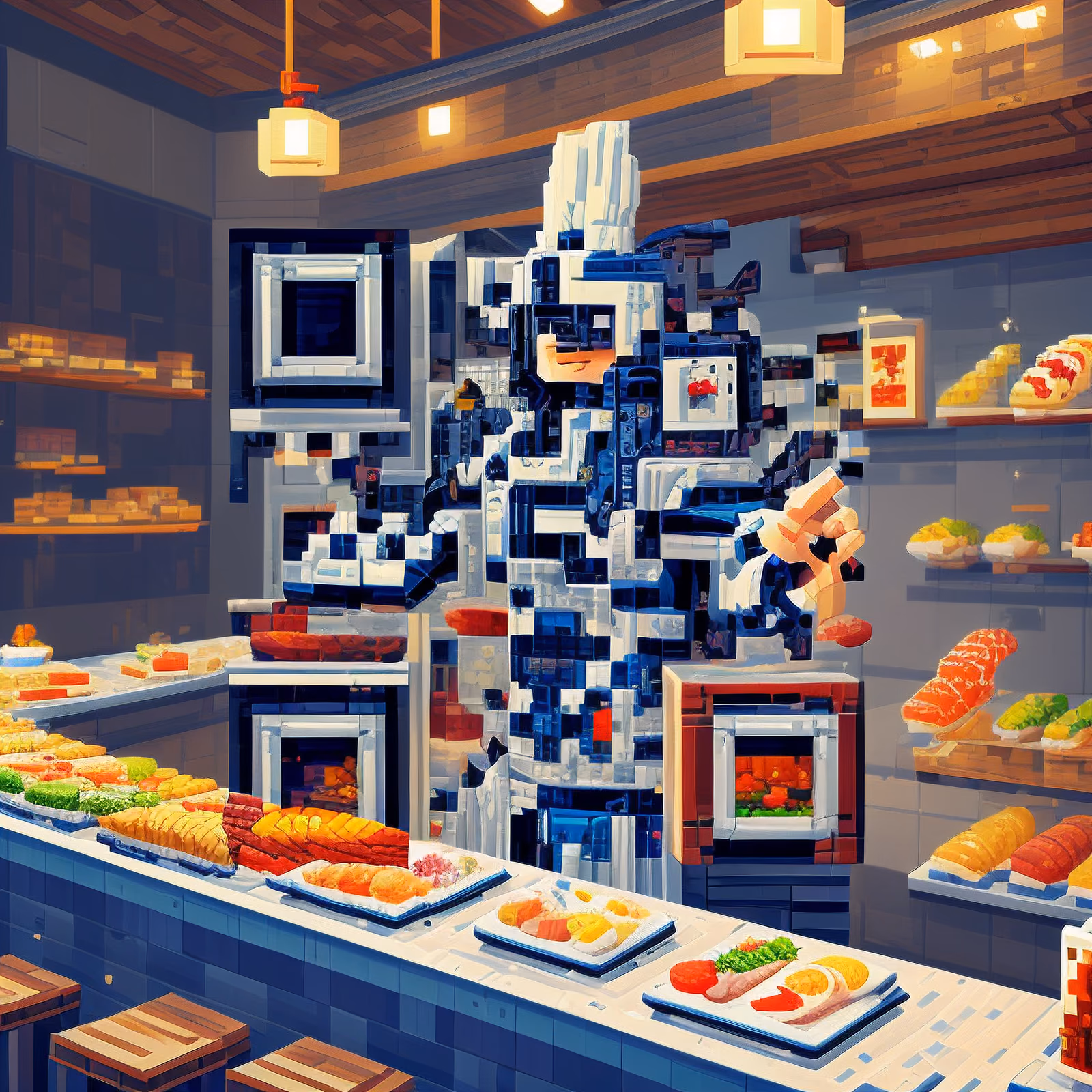 Pixel Art Robot Sushi Chef QR Code for Restaurant Menus — image 1