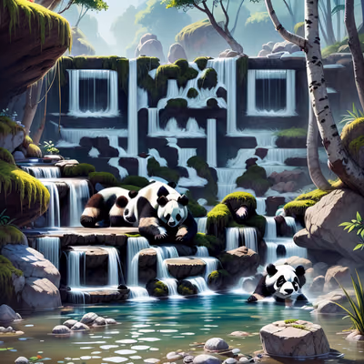 Pandas Mossy Waterfall Digital Painting QR Code Art — image 1