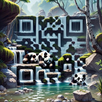 Pandas Mossy Waterfall Digital Painting QR Code Art