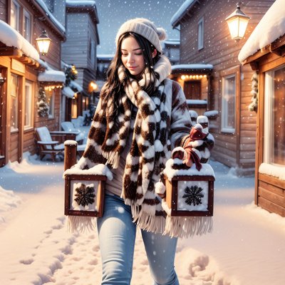 Snowy Mountain Town Woman QR Code for Posters
