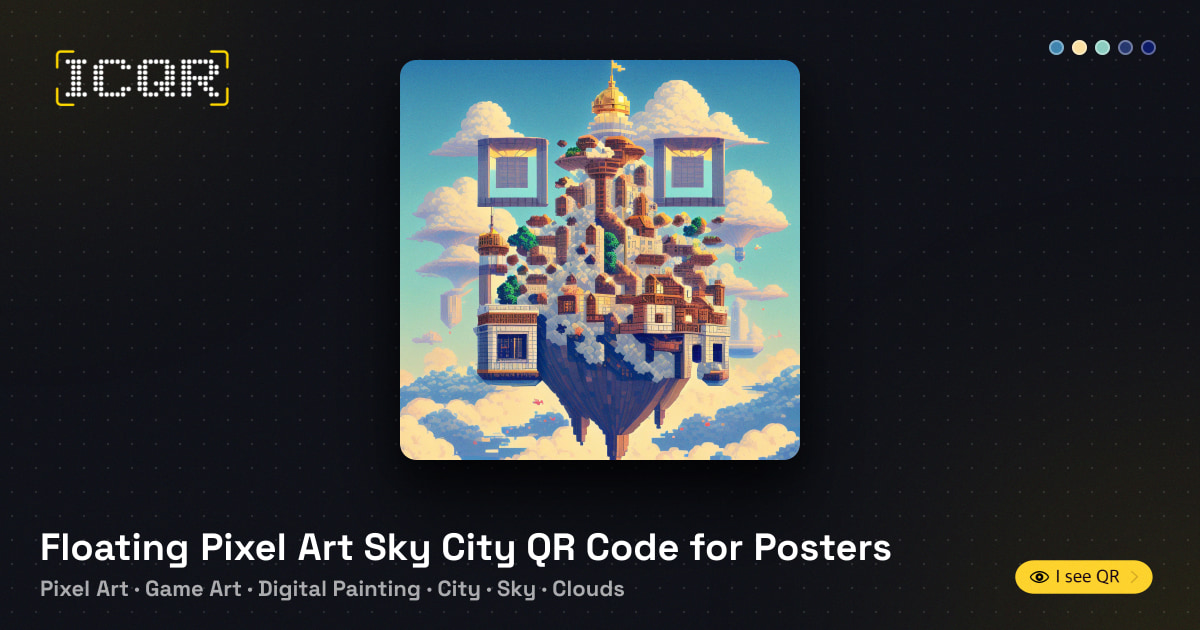 Floating Pixel Art Sky City QR Code for Posters • ICQR