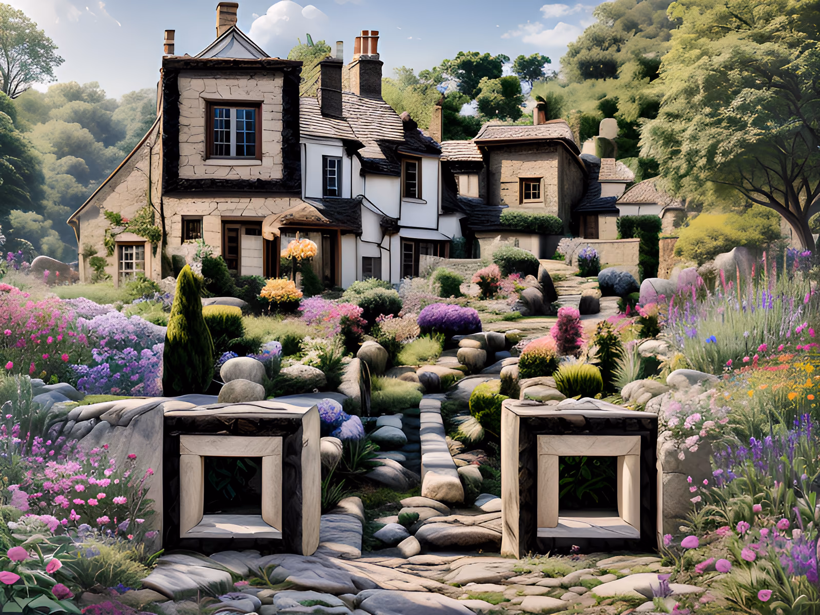 Stone Cottage Flower Garden Photorealistic QR Code Art — image 1
