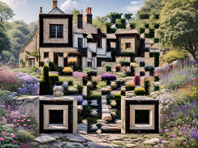 Stone Cottage Flower Garden Photorealistic QR Code Art — image 1