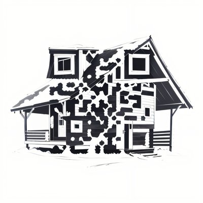 Заснеженный деревянный домик в технике туши: QR-код искусство