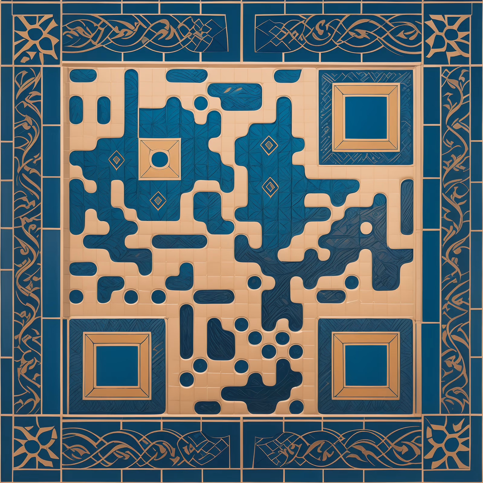 Сине-золотой орнамент из плитки: QR-код арт-дизайн — изображение 1