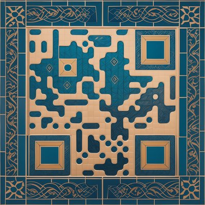 Blue Gold Ornamental Tile Pattern QR Code Art