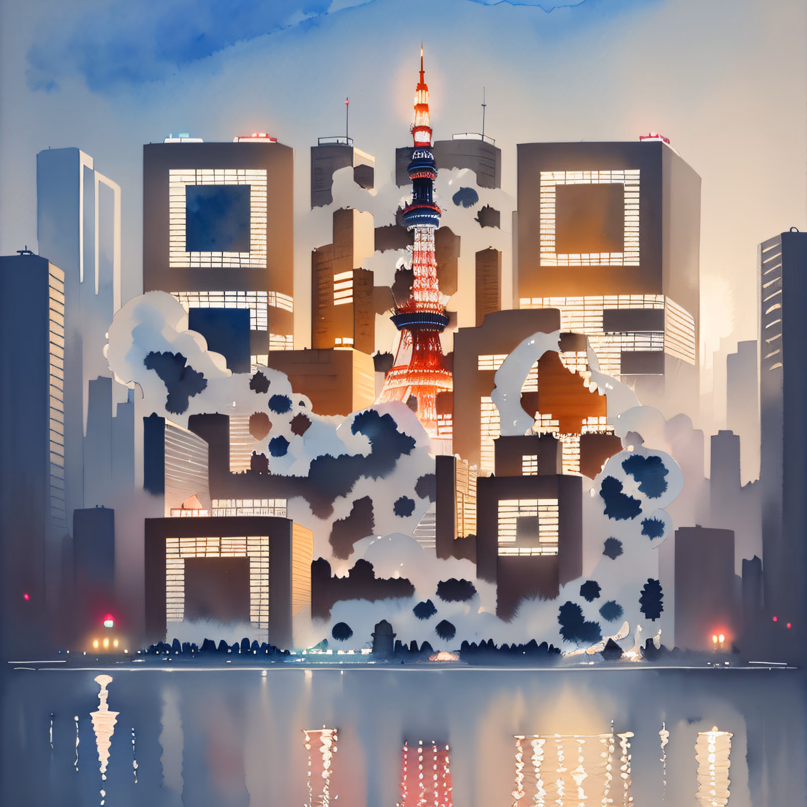东京塔城市风光水彩二维码艺术 — 图片 1
