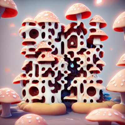 Mushroom Village 3D Render QR Code for Posters