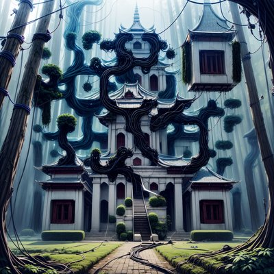 Cable Wrapped Pagoda Surreal QR Code Art