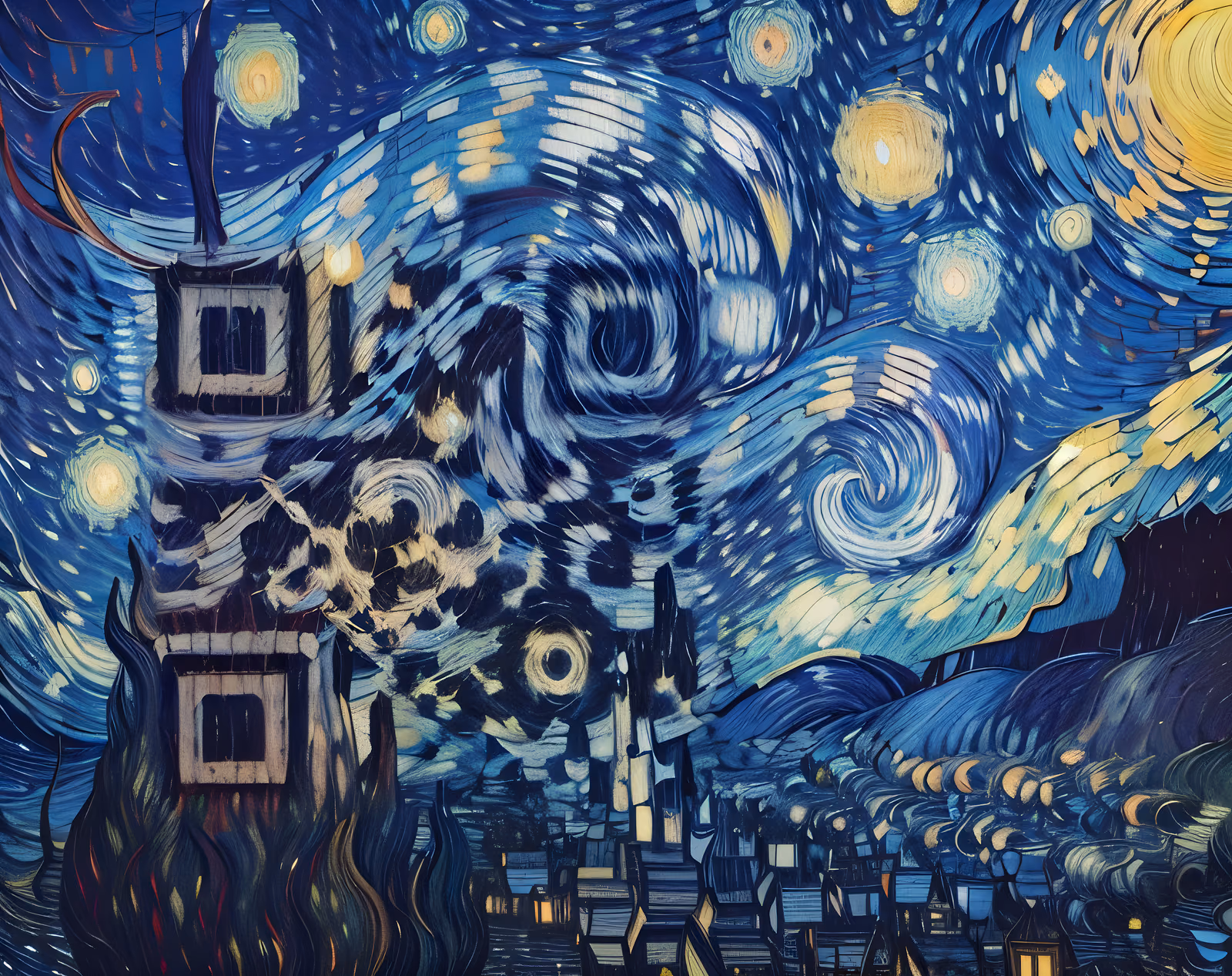 Starry Night Village Oil Painting Night Scene QR Code Art — image 1