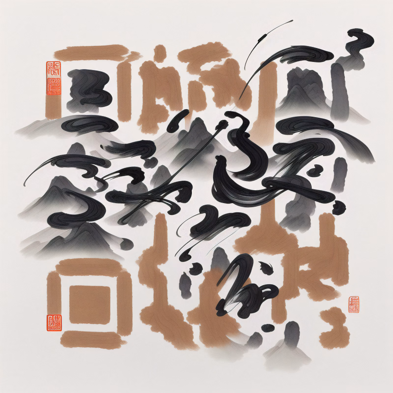 Sumi-e Ink Mountains Calligraphy QR Code Art — image 1