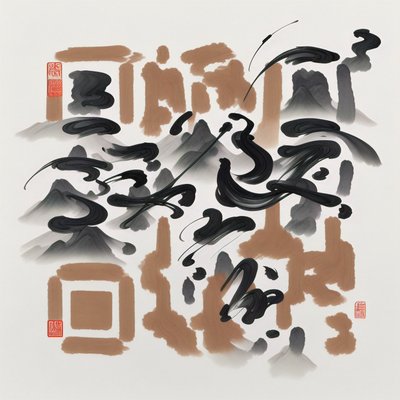 Sumi-e Ink Mountains Calligraphy QR Code Art