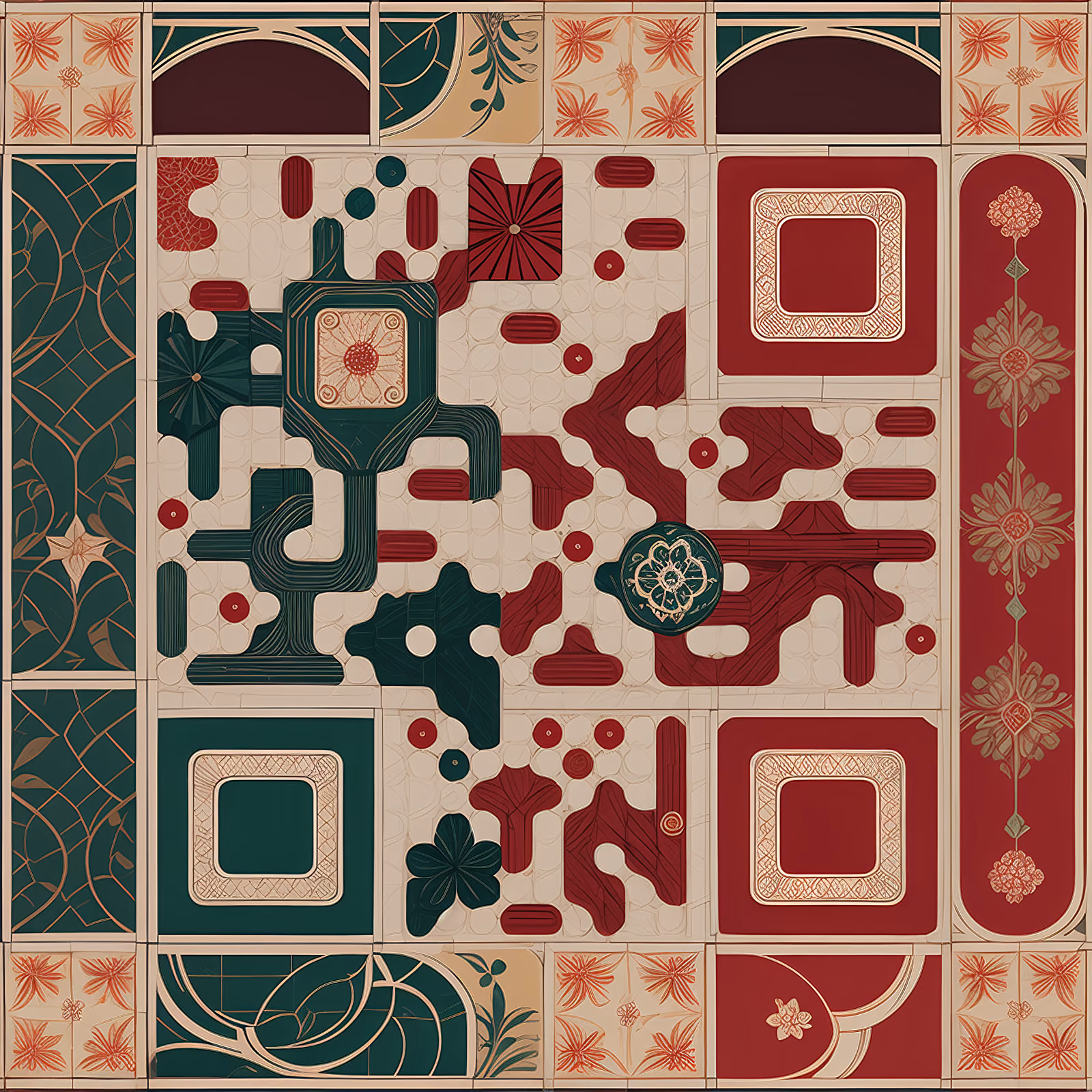 Red Green Floral Tile Pattern QR Code Art — image 1