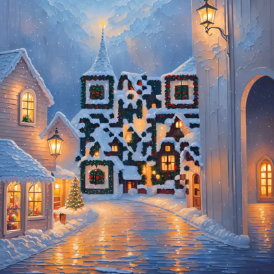 Snowy Christmas Village Painting Building QR Code for Greeting Cards — image 1