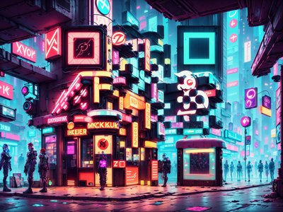 Неоновая киберпанк-лавка на улице: QR-код для постеров