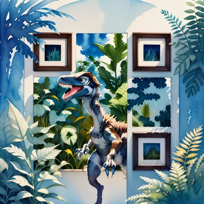 Velociraptor in Ferns Watercolor QR Code Art