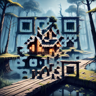 Хижина в туманном болоте: игровой арт QR-код для постеров — изображение 1